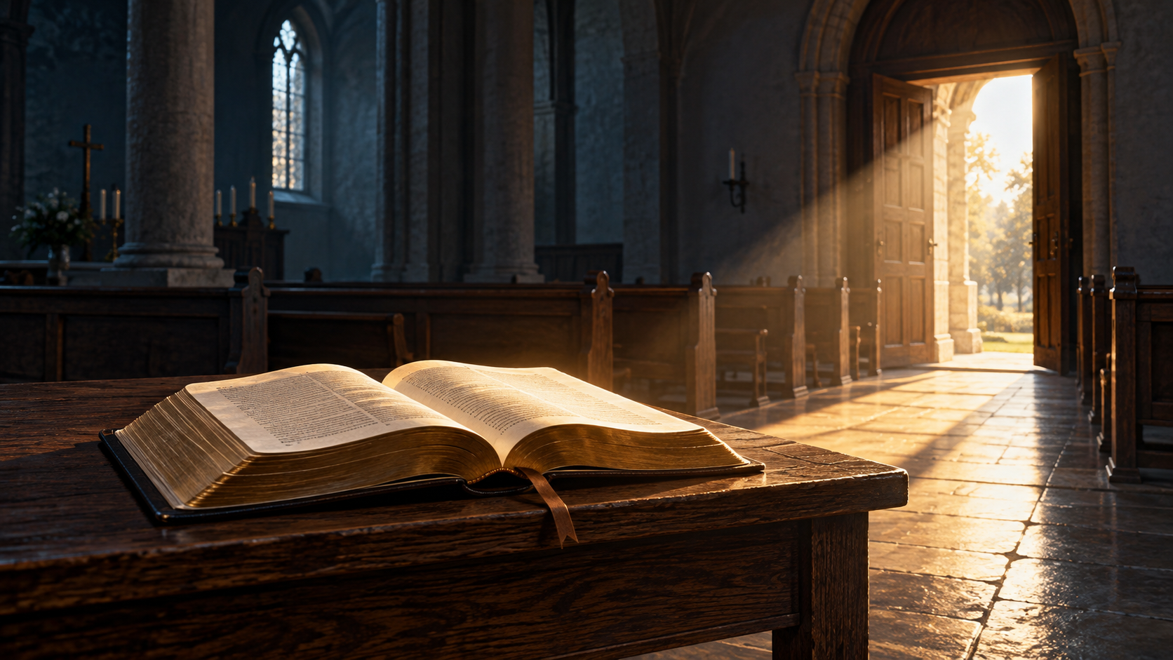 Offene Bibel in einem ruhigen Kirchenraum, beleuchtet durch eine offene Tür; symbolische Darstellung von Wahrheit und Verantwortung.
